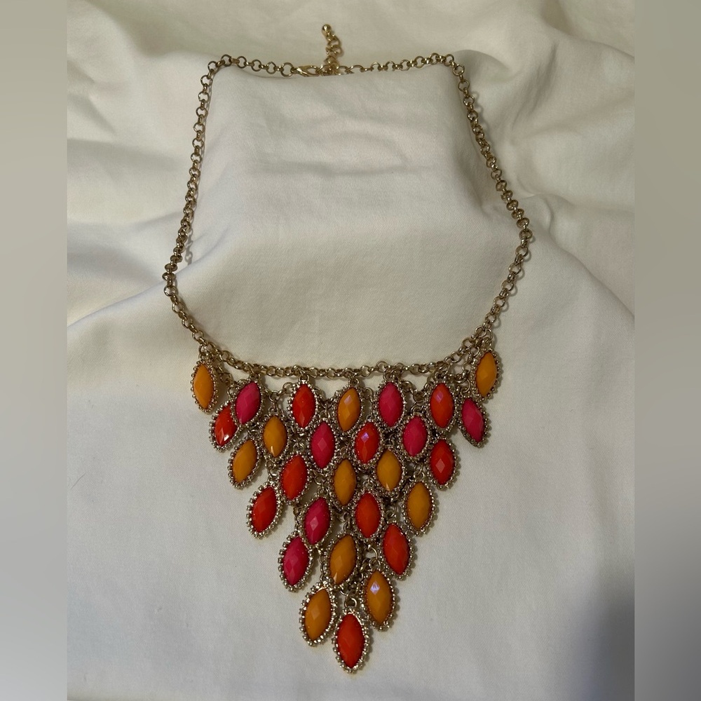 Francesca's Gold Necklace with Red, Pink, and Orange Accents bundle with earring